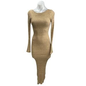 Charlie Holiday Beige Long Sleeve Ribbed Knit Sculpt Maxi Bodycon Dress Size 2